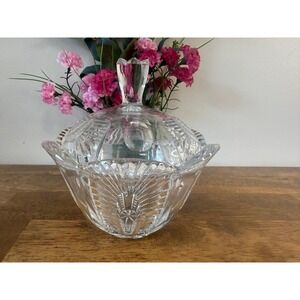 Vintage Art Deco Crystal Candy Dish Covered Bowl‎ Geometric Pressed Glass Retro